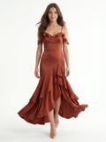 Rust Satin Sheath V-Neck Back Zip Asymmetrical Bridesmaid Dress with Cascading Ruffles