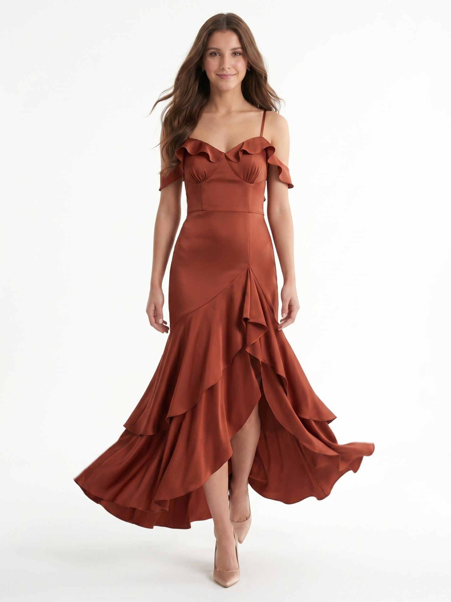 Rust Satin Sheath V-Neck Back Zip Asymmetrical Bridesmaid Dress with Cascading Ruffles