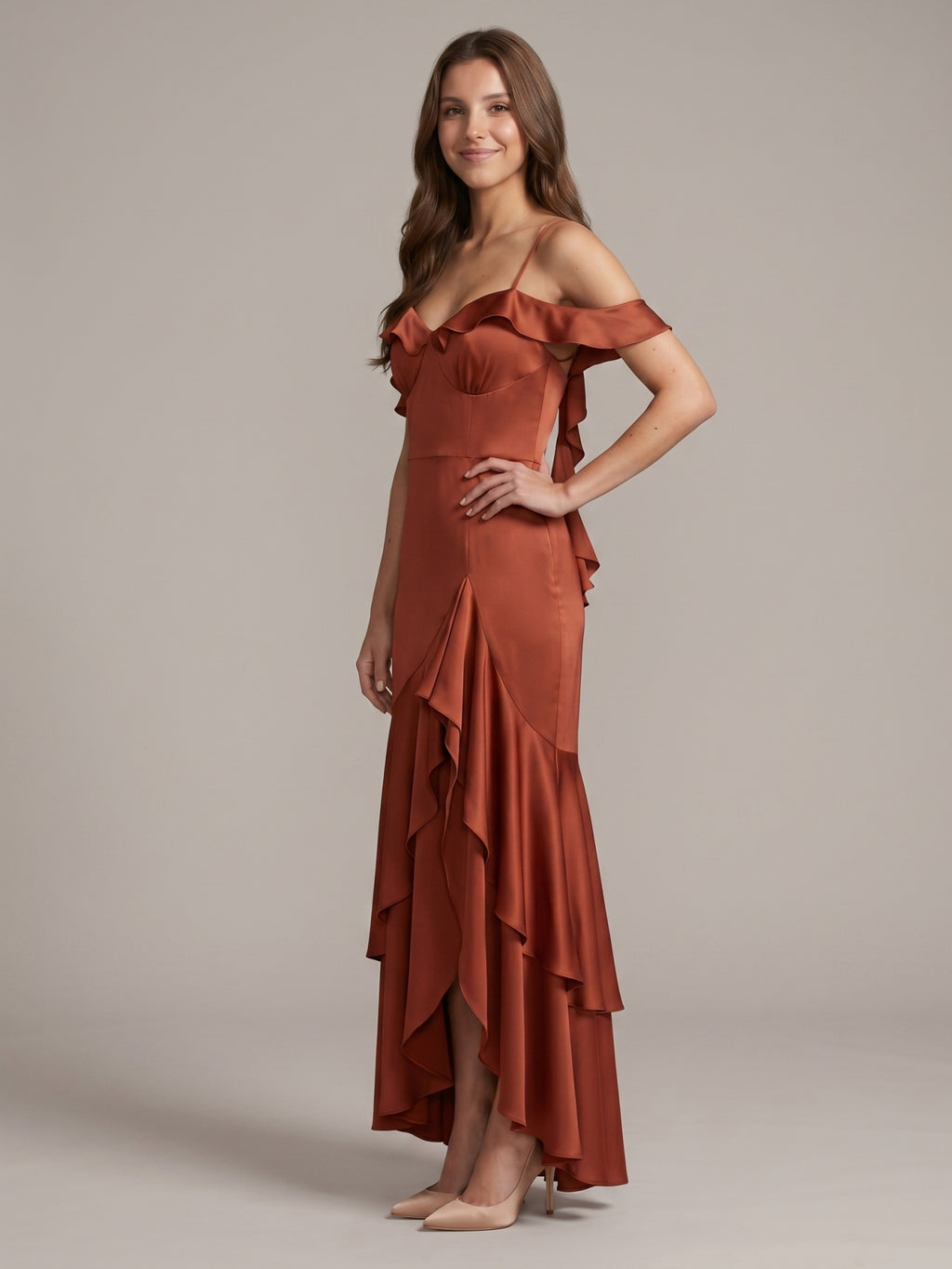 Rust Satin Sheath V-Neck Back Zip Asymmetrical Bridesmaid Dress with Cascading Ruffles