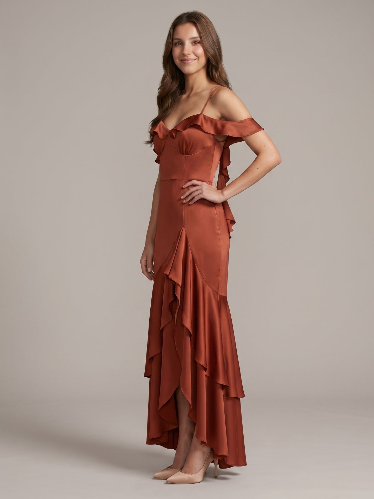 Rust Satin Sheath V-Neck Back Zip Asymmetrical Bridesmaid Dress with Cascading Ruffles