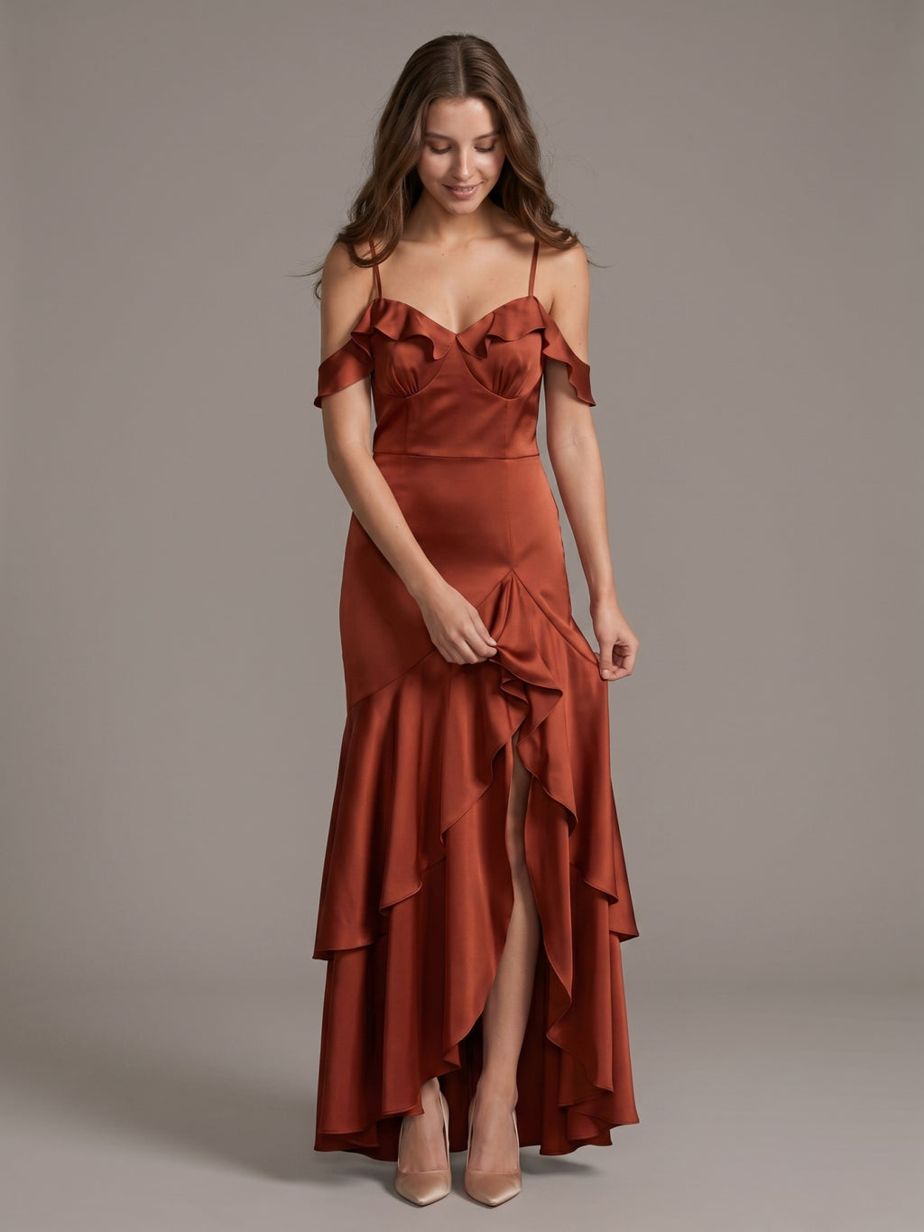Rust Satin Sheath V-Neck Back Zip Asymmetrical Bridesmaid Dress with Cascading Ruffles