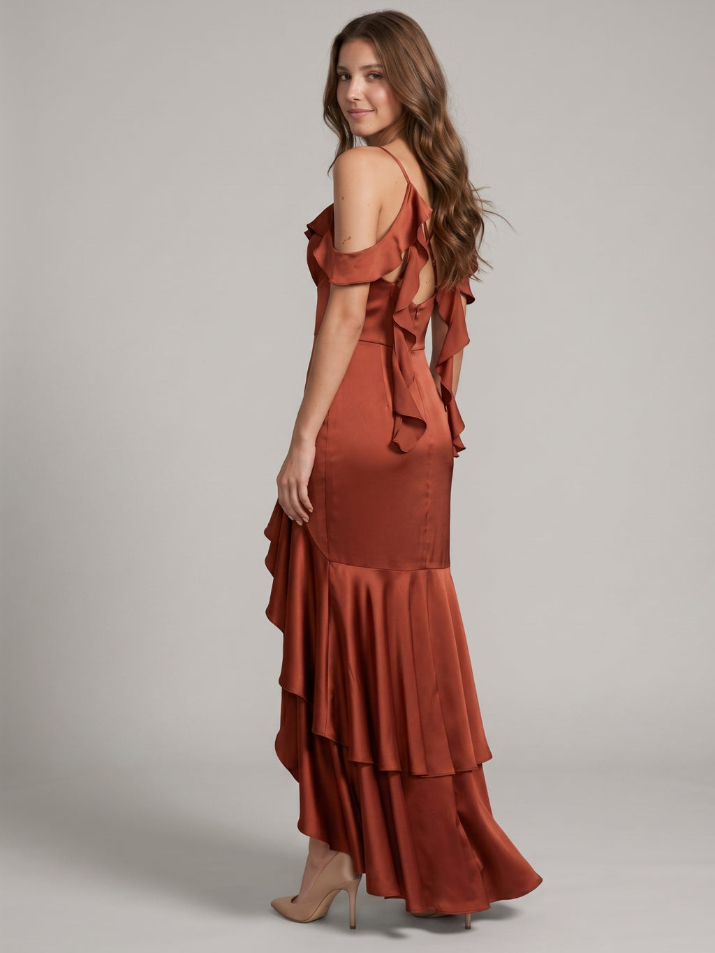 Rust Satin Sheath V-Neck Back Zip Asymmetrical Bridesmaid Dress with Cascading Ruffles