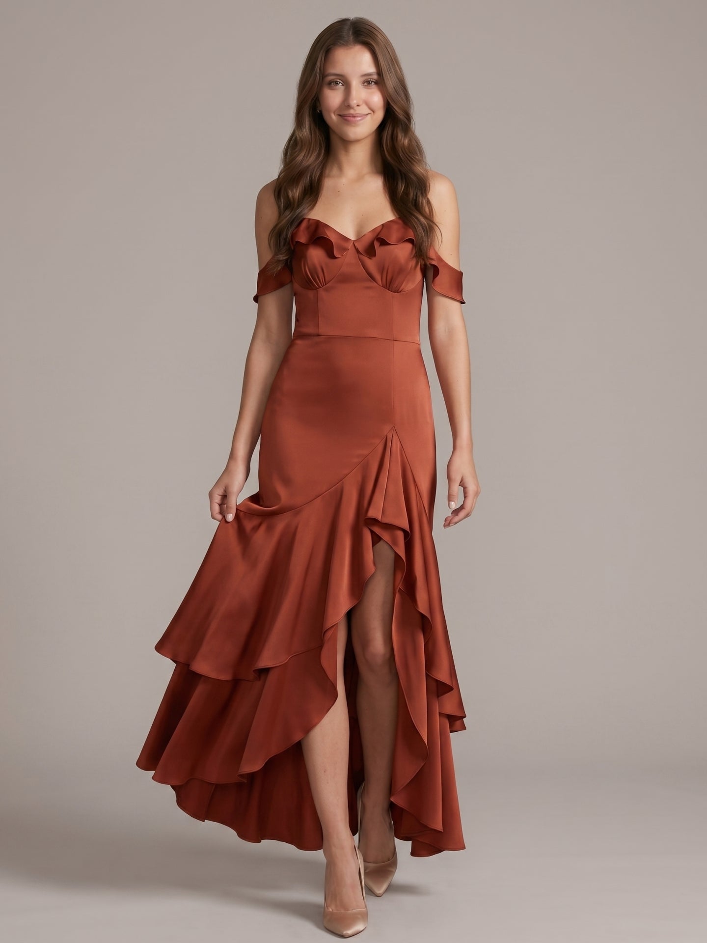 Rust Satin Sheath V-Neck Back Zip Asymmetrical Bridesmaid Dress with Cascading Ruffles