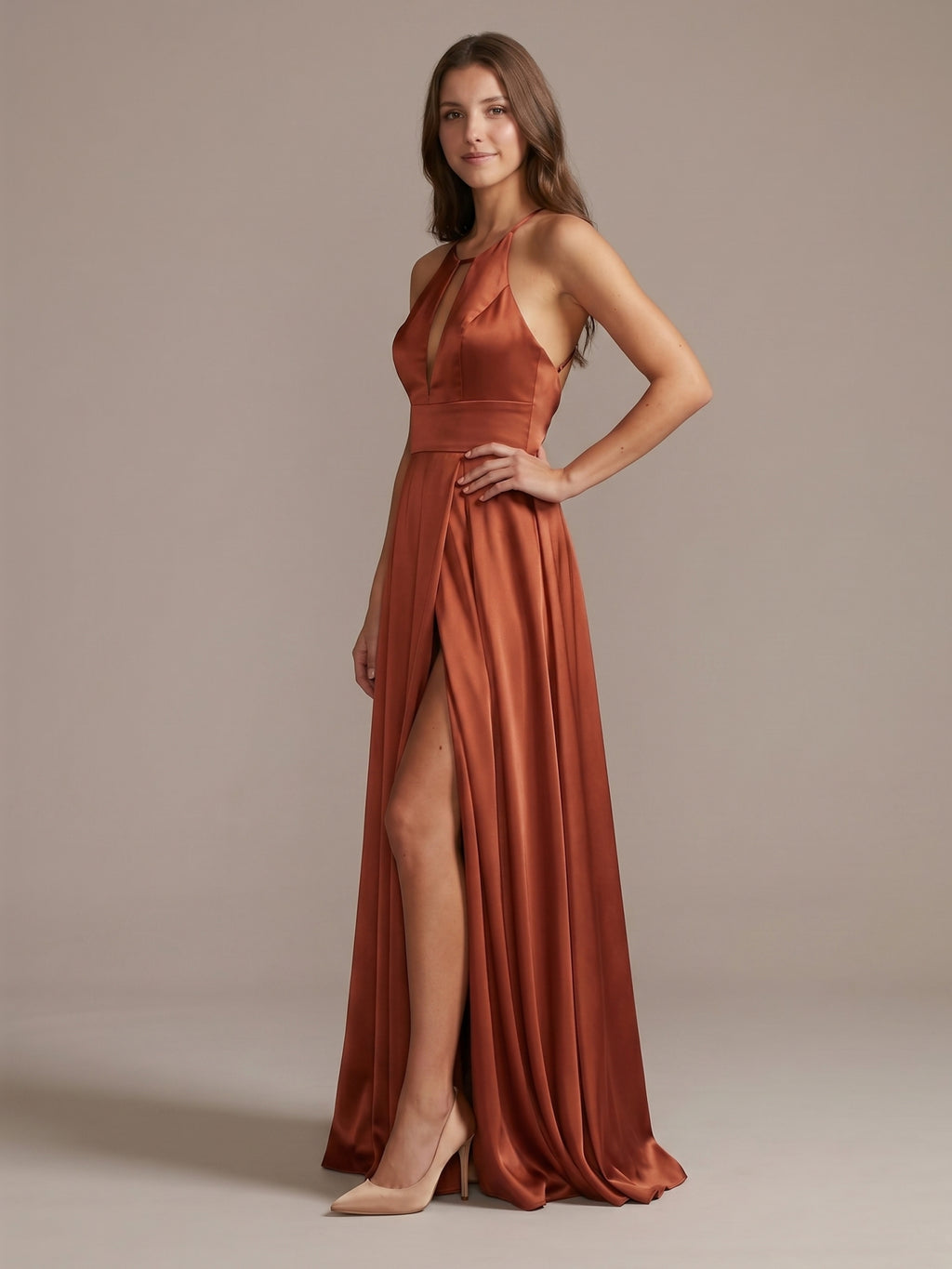 Rust Satin A-Line Halter Backless Floor-Length Bridesmaid Dress with Pleated Details