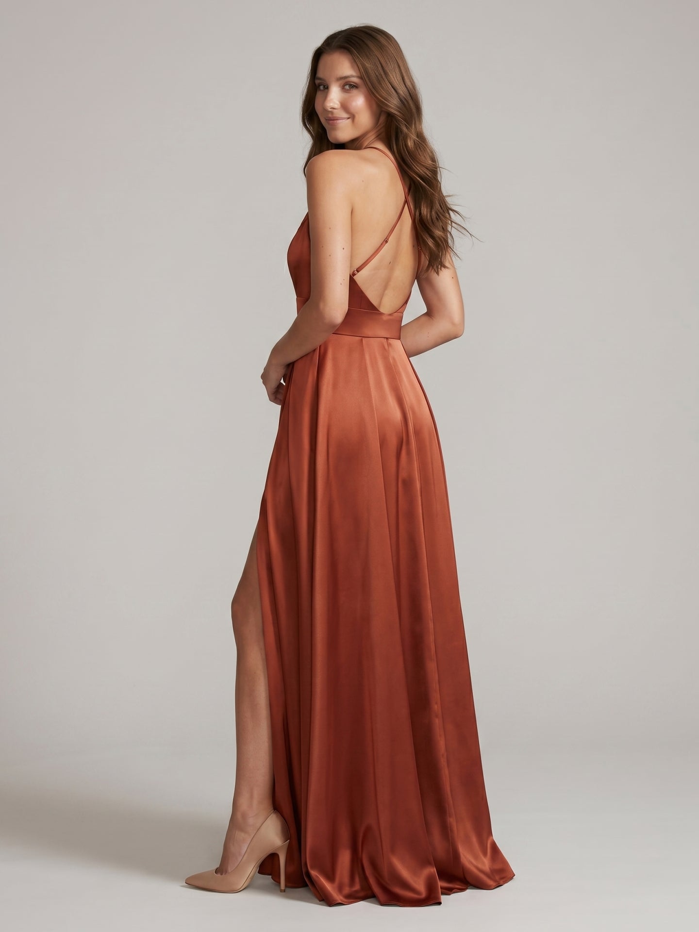 Rust Satin A-Line Halter Backless Floor-Length Bridesmaid Dress with Pleated Details