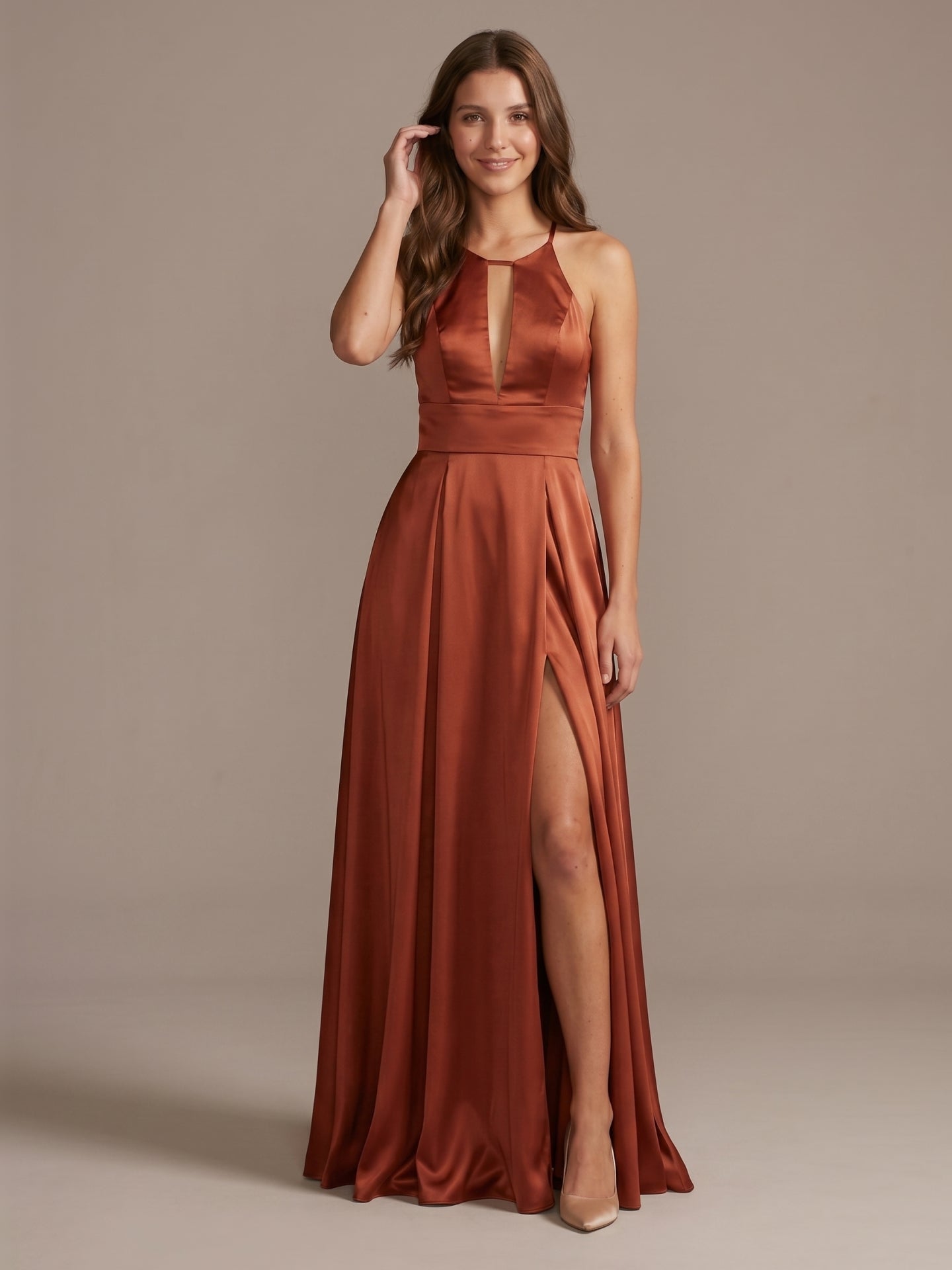 Rust Satin A-Line Halter Backless Floor-Length Bridesmaid Dress with Pleated Details