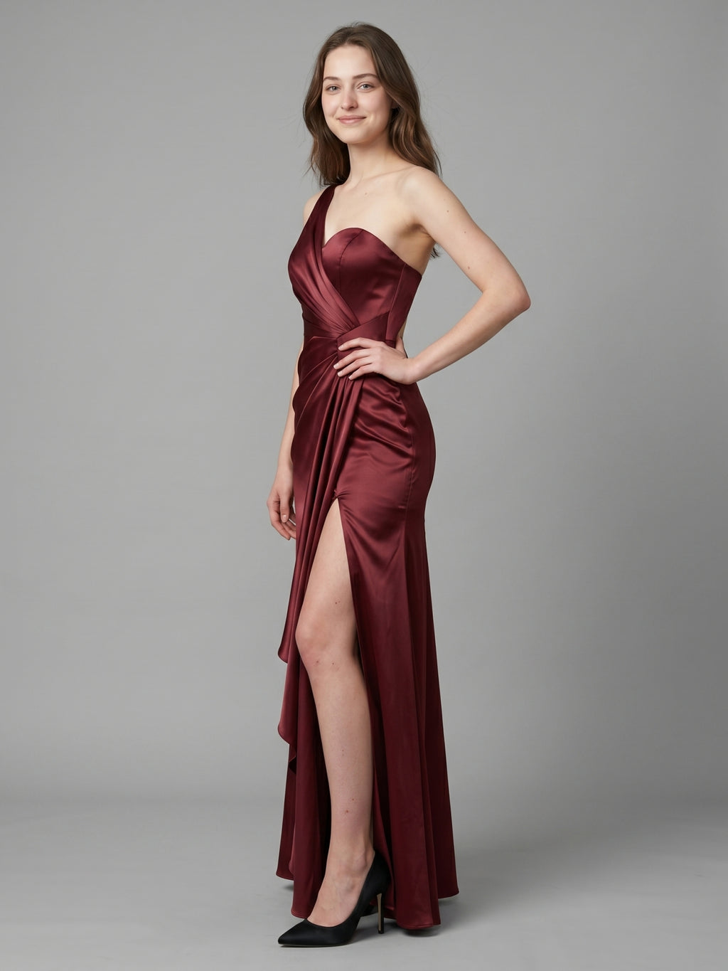 Rust Satin Trumpet One Shoulder Floor-Length Bridesmaid Dress with Pleated Details