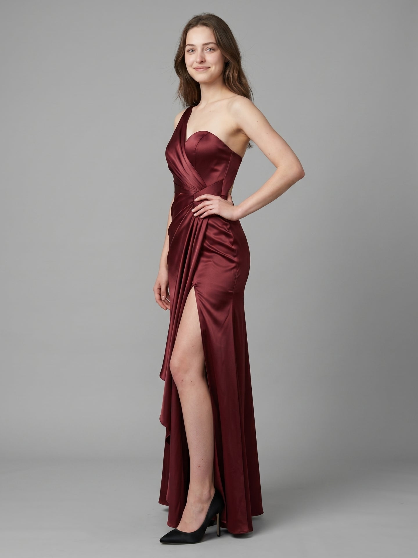 Rust Satin Trumpet One Shoulder Floor-Length Bridesmaid Dress with Pleated Details