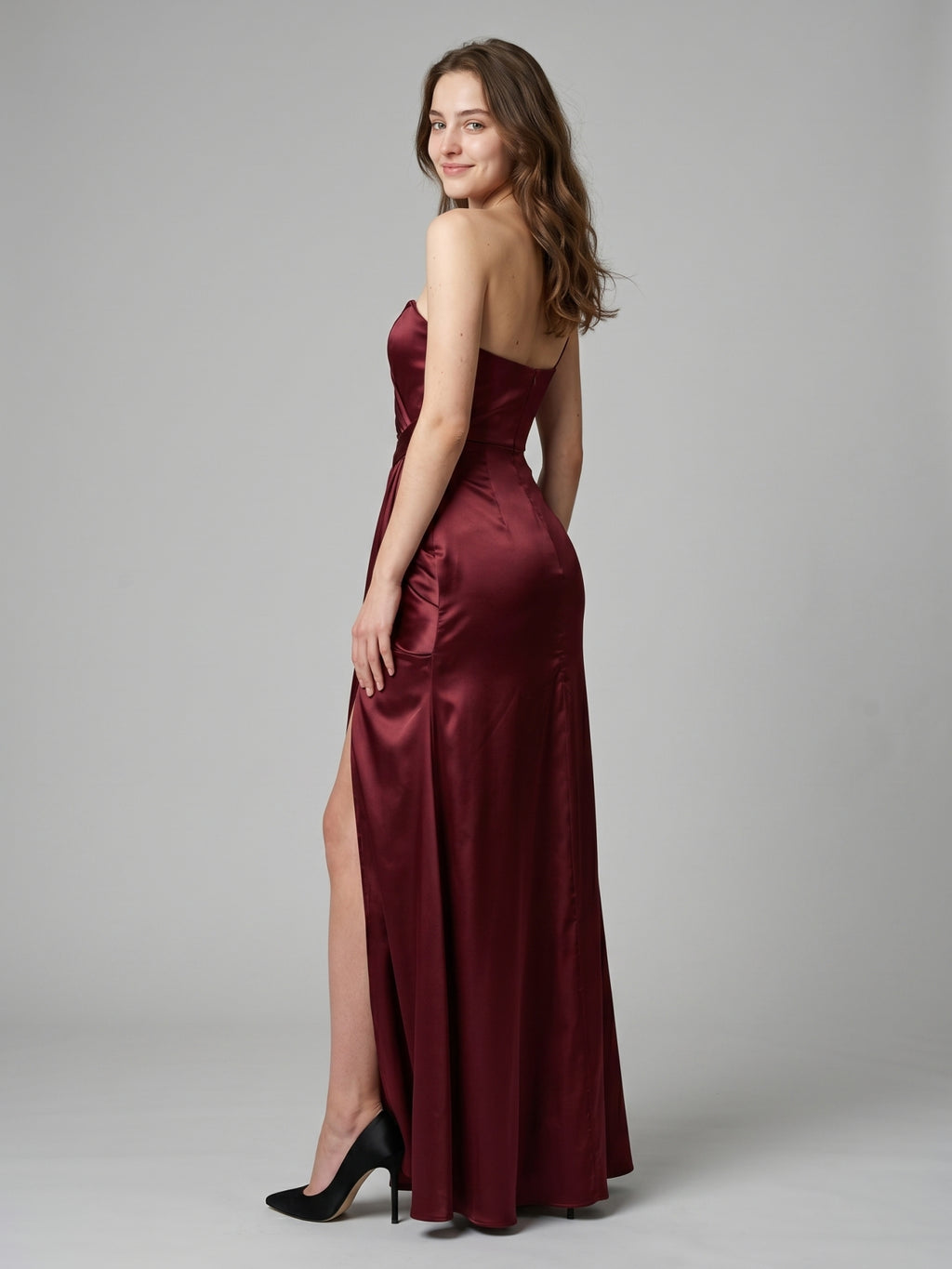 Rust Satin Trumpet One Shoulder Floor-Length Bridesmaid Dress with Pleated Details