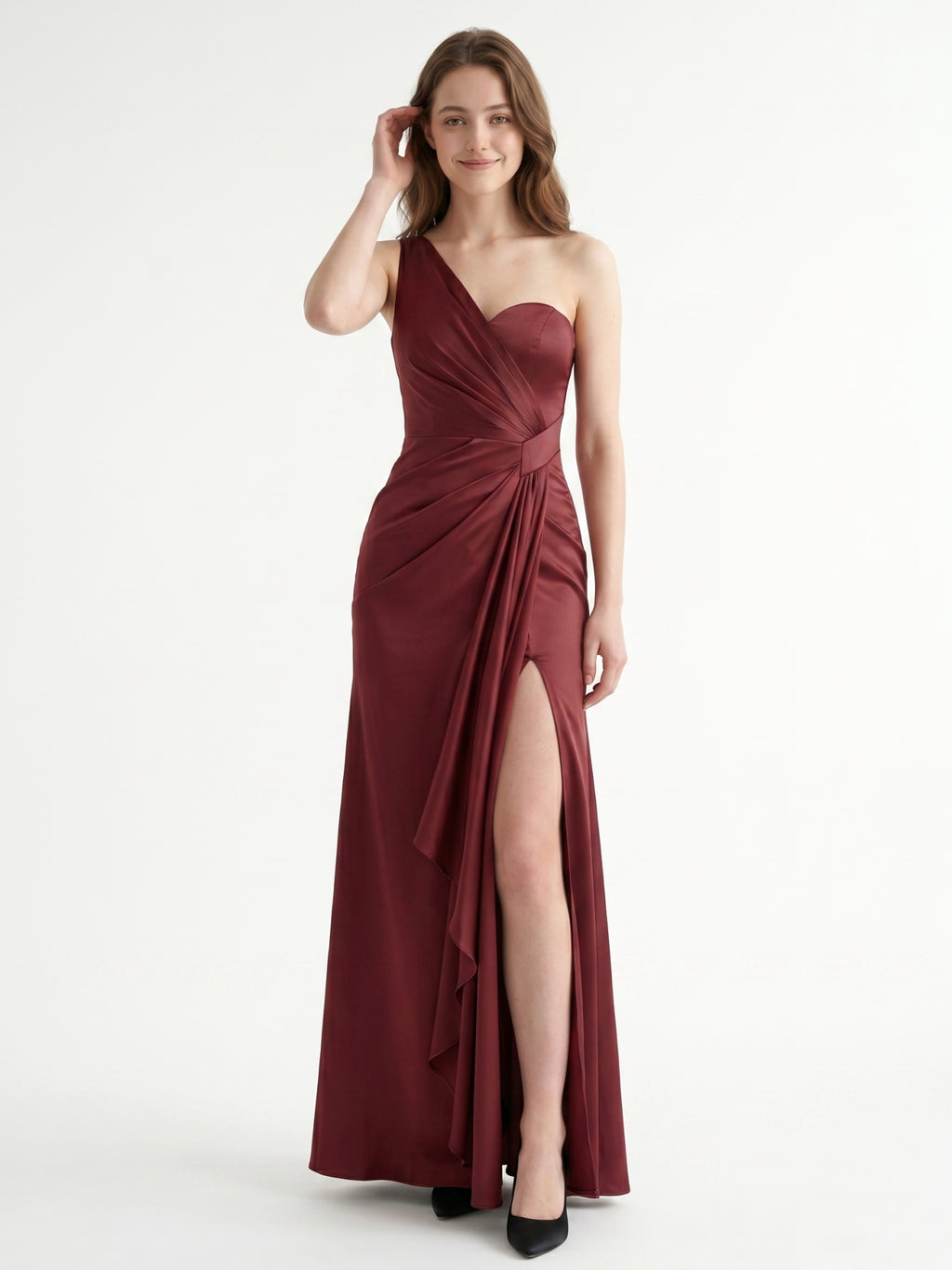 Rust Satin Trumpet One Shoulder Floor-Length Bridesmaid Dress with Pleated Details