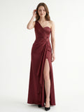 Rust Satin Trumpet One Shoulder Floor-Length Bridesmaid Dress with Pleated Details