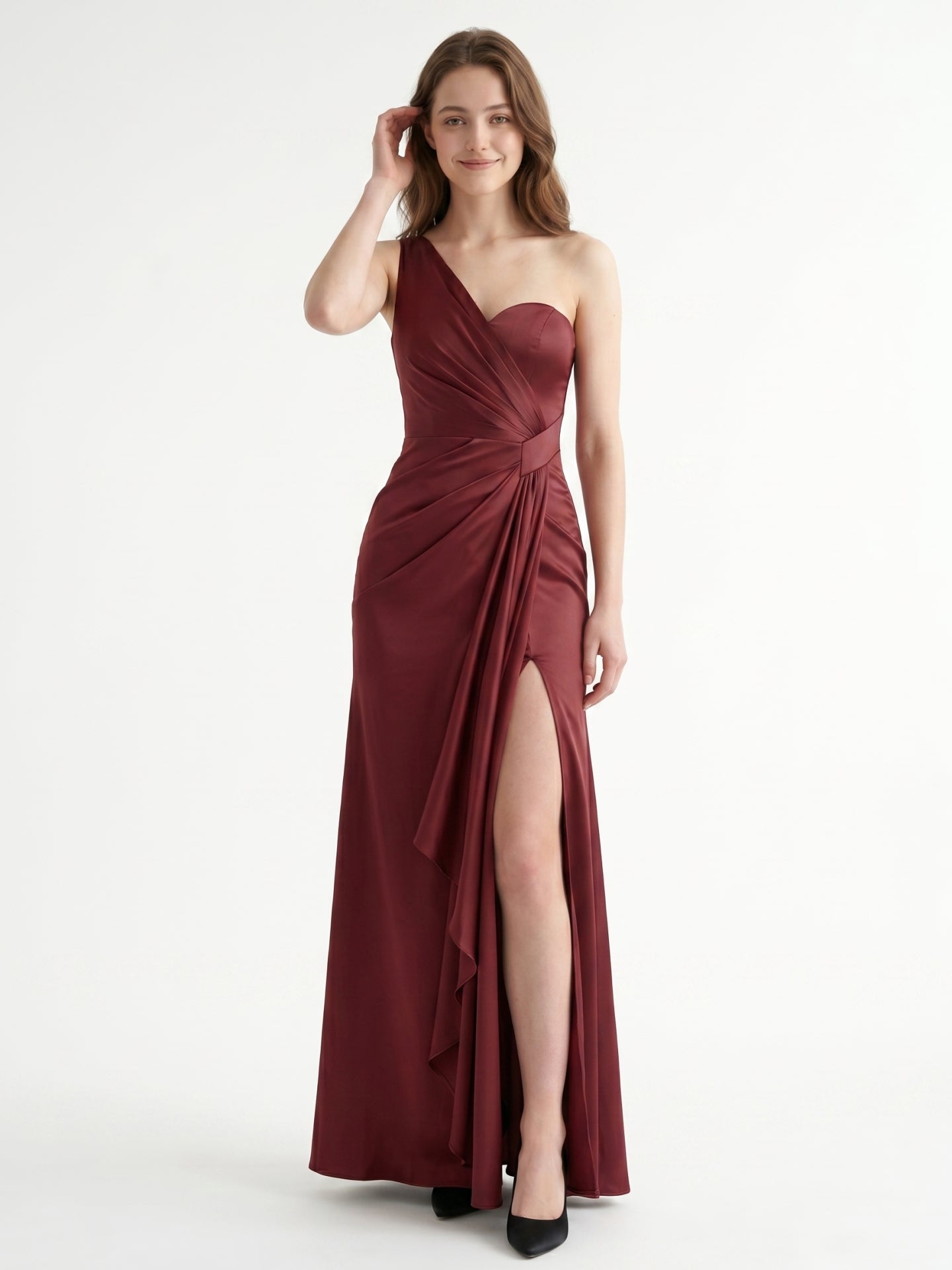 Rust Satin Trumpet One Shoulder Floor-Length Bridesmaid Dress with Pleated Details