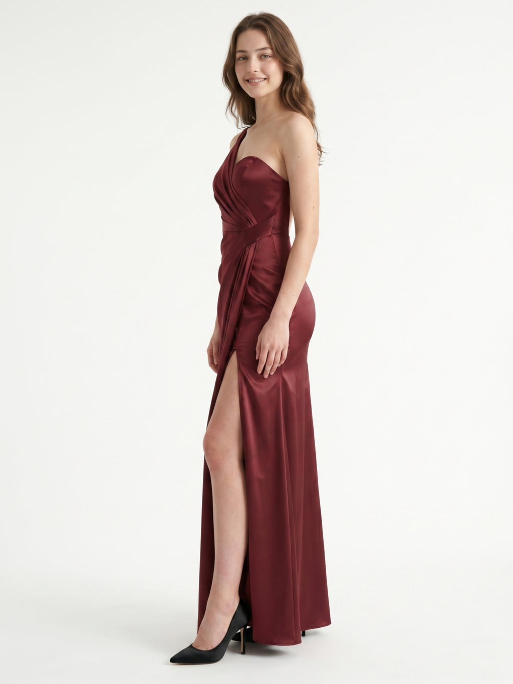Rust Satin Trumpet One Shoulder Floor-Length Bridesmaid Dress with Pleated Details