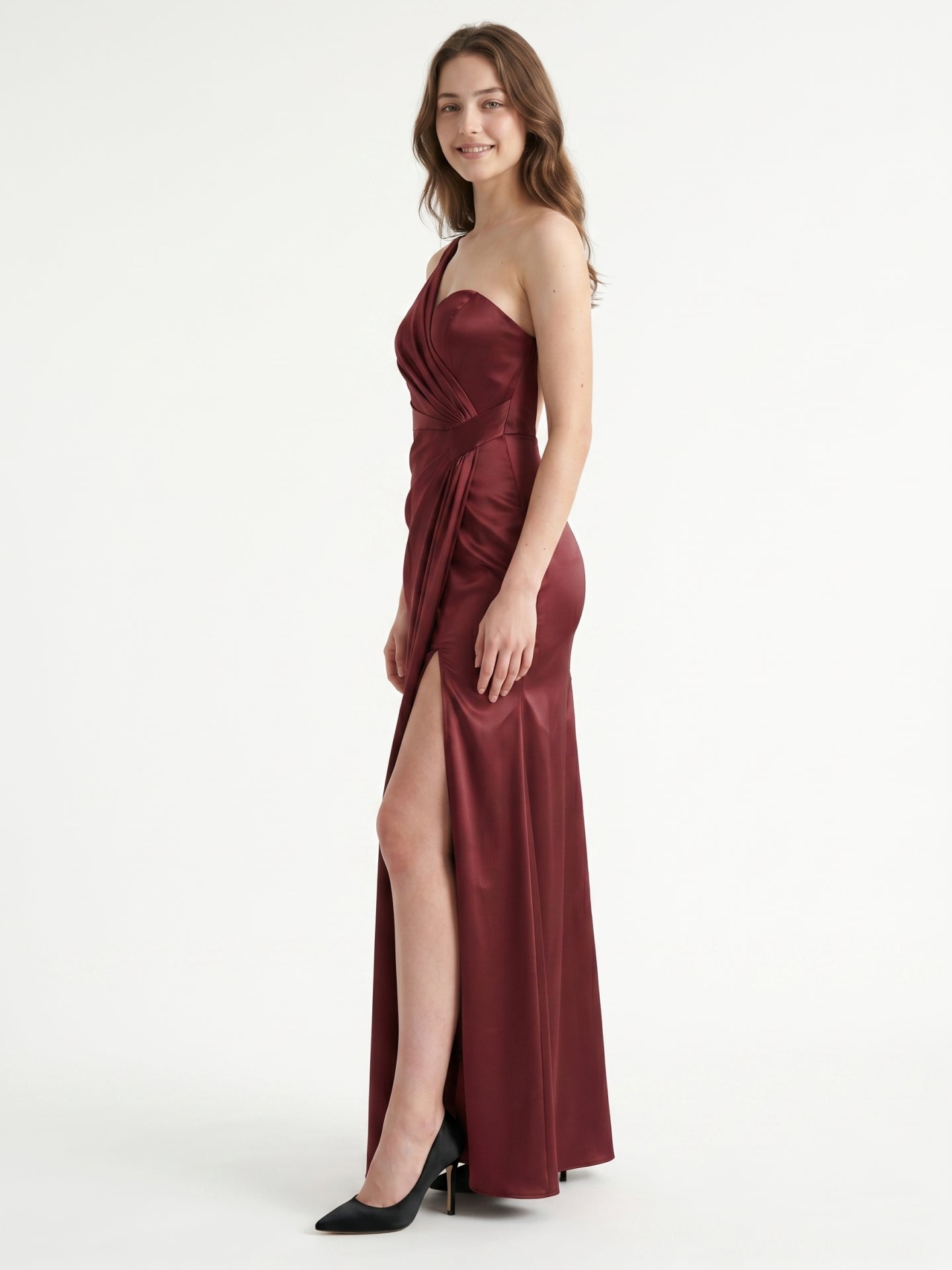 Rust Satin Trumpet One Shoulder Floor-Length Bridesmaid Dress with Pleated Details