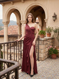 Rust Satin Trumpet One Shoulder Floor-Length Bridesmaid Dress with Pleated Details