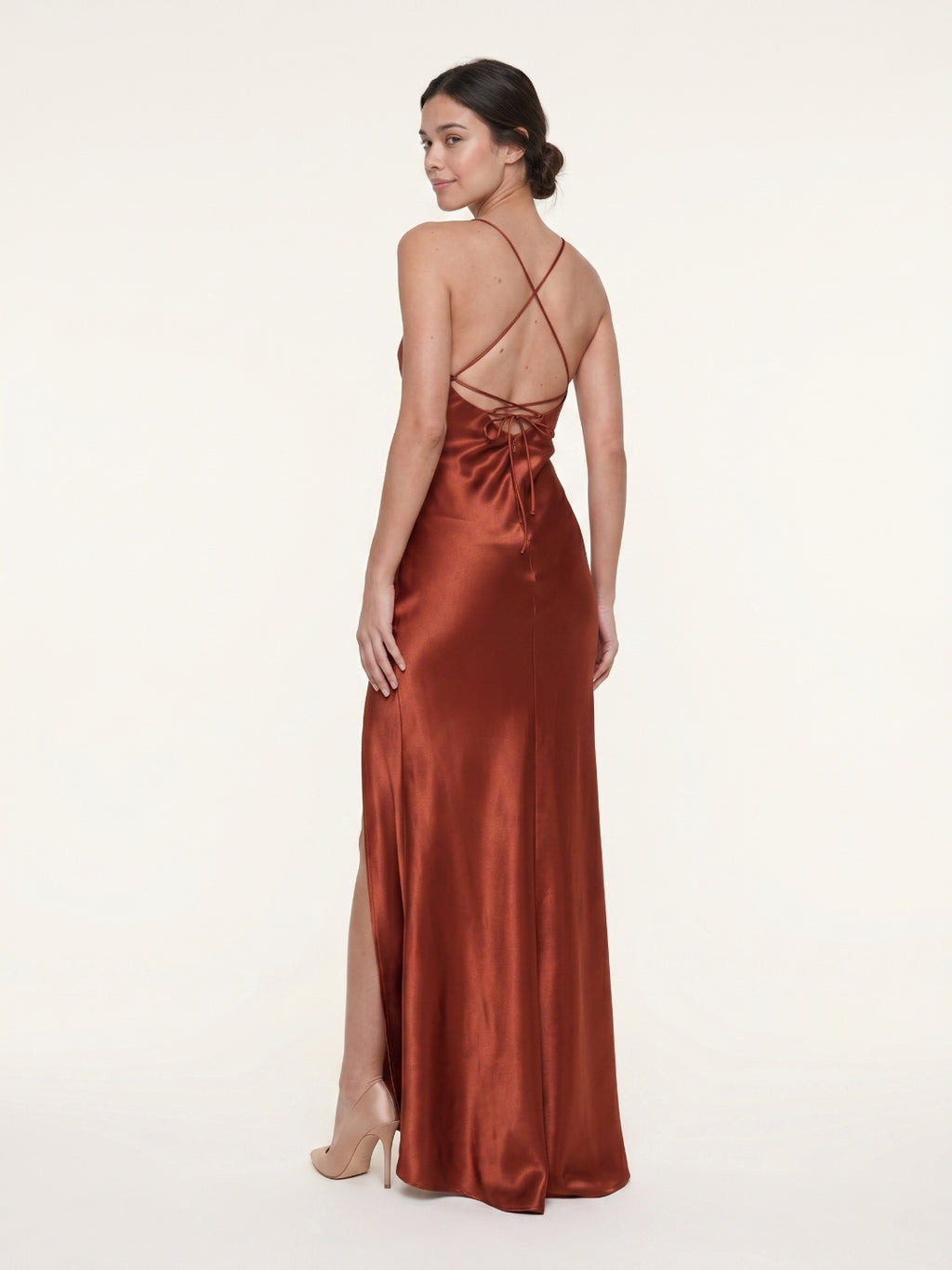 Rust Satin Trumpet Scoop Neck Lace-up Ankle-Length Bridesmaid Dress with Pleats