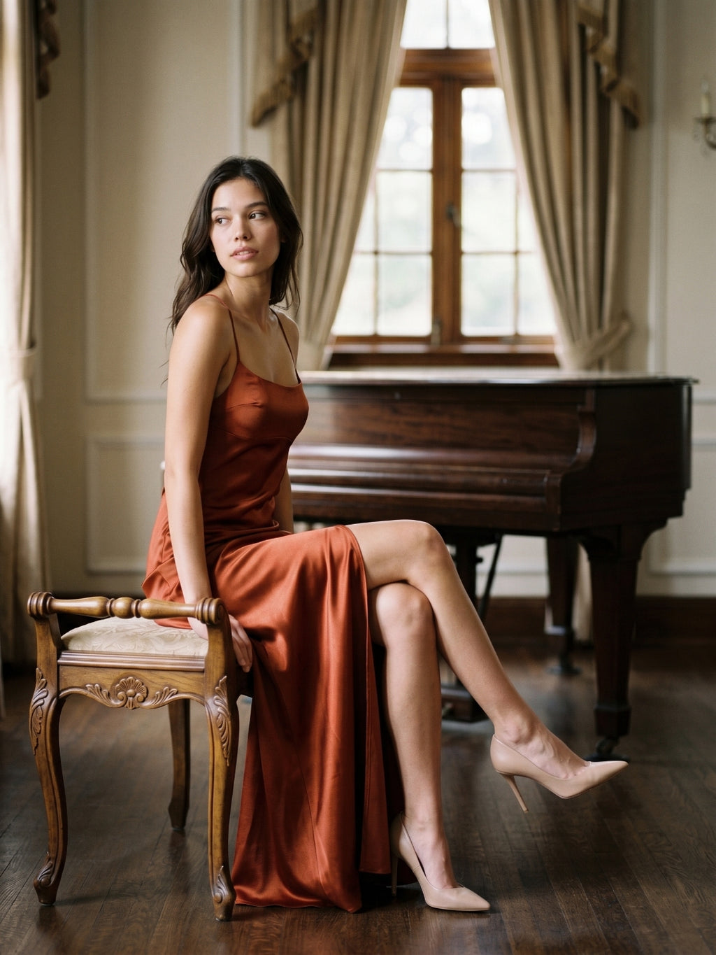 Rust Satin Trumpet Scoop Neck Lace-up Ankle-Length Bridesmaid Dress with Pleats