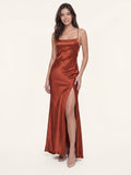 Rust Satin Trumpet Scoop Neck Lace-up Ankle-Length Bridesmaid Dress with Pleats