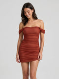 Rust Stretch Knit Sheath Off-the-Shoulder Back Zip Short Homecoming Dress