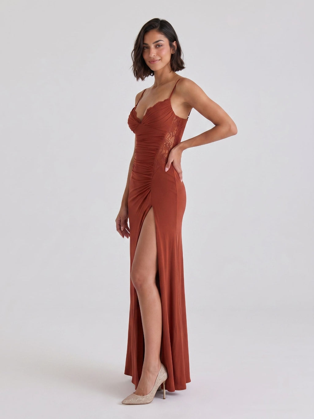 Rust Stretch Knit Trumpet V-Neck Back Zip Floor-Length Birthday Dress