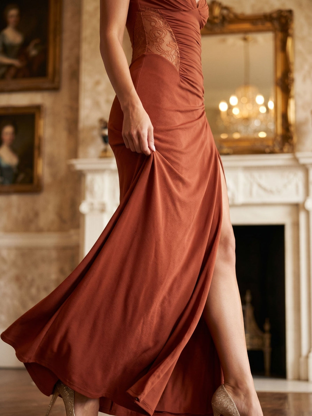 Rust Stretch Knit Trumpet V-Neck Back Zip Floor-Length Birthday Dress