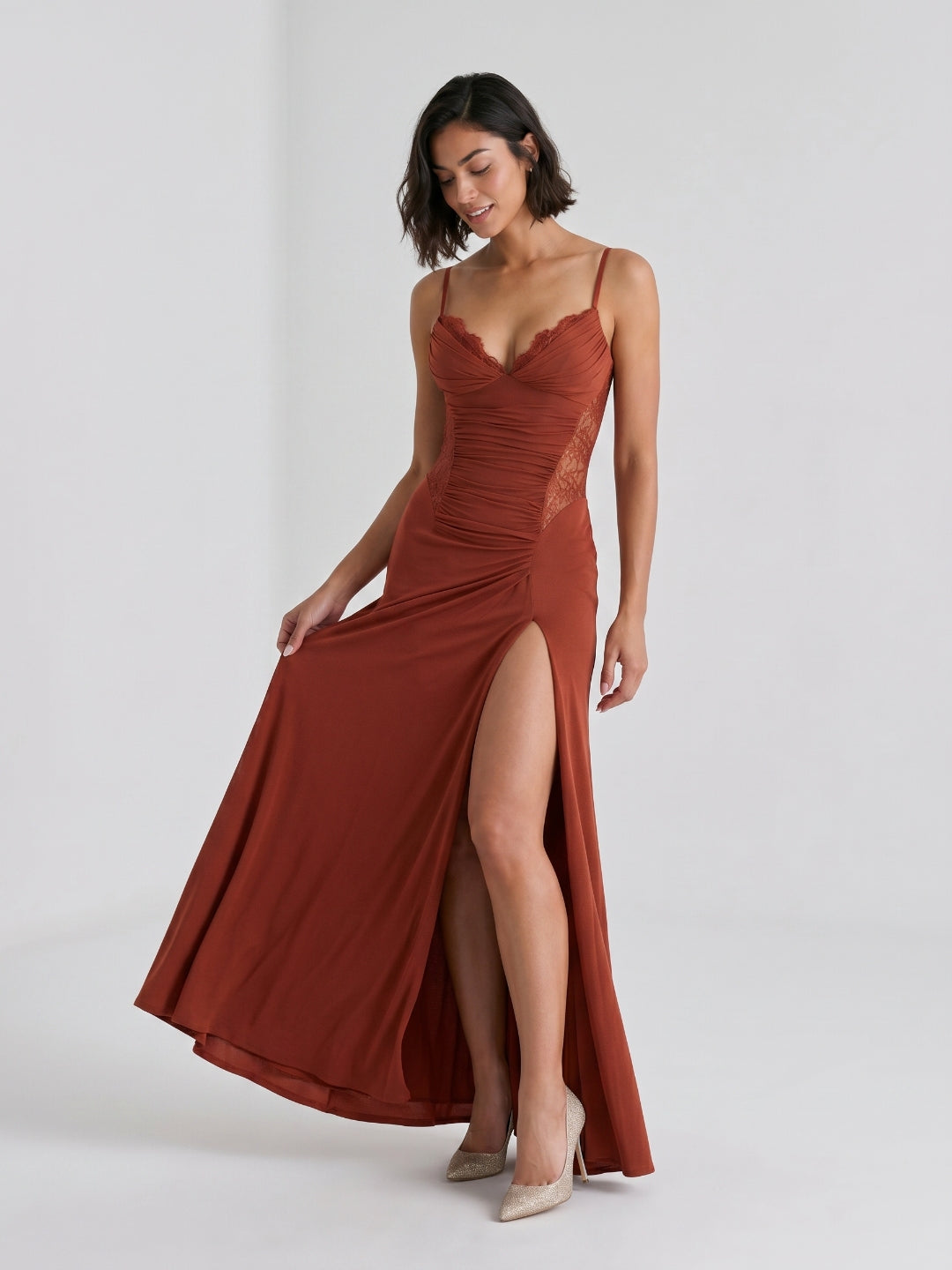 Rust Stretch Knit Trumpet V-Neck Back Zip Floor-Length Birthday Dress