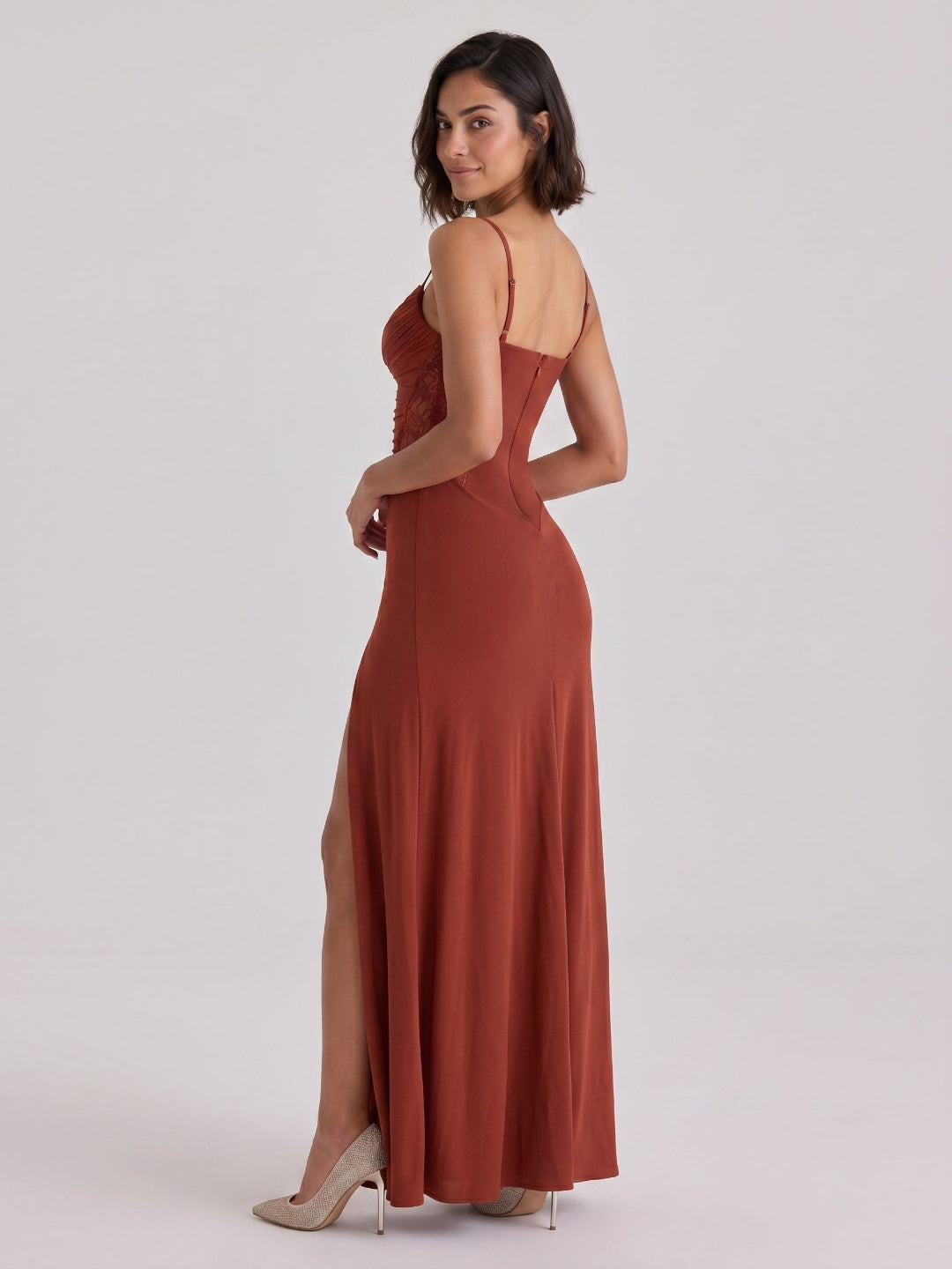 Rust Stretch Knit Trumpet V-Neck Back Zip Floor-Length Birthday Dress