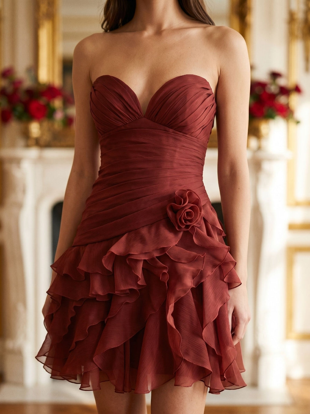 Rust Tulle A-Line V-Neck Lace-Up Back Short Birthday Dress with Cascading Ruffles