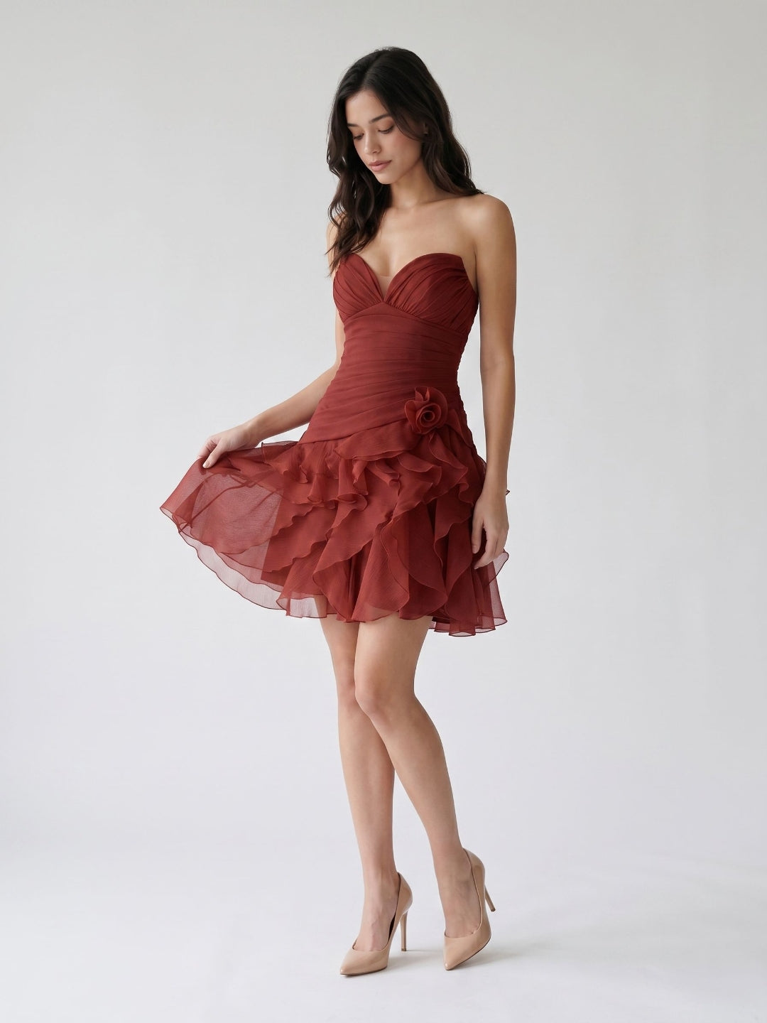 Rust Tulle A-Line V-Neck Lace-Up Back Short Birthday Dress with Cascading Ruffles