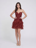 Rust Tulle A-Line V-Neck Lace-Up Back Short Birthday Dress with Cascading Ruffles