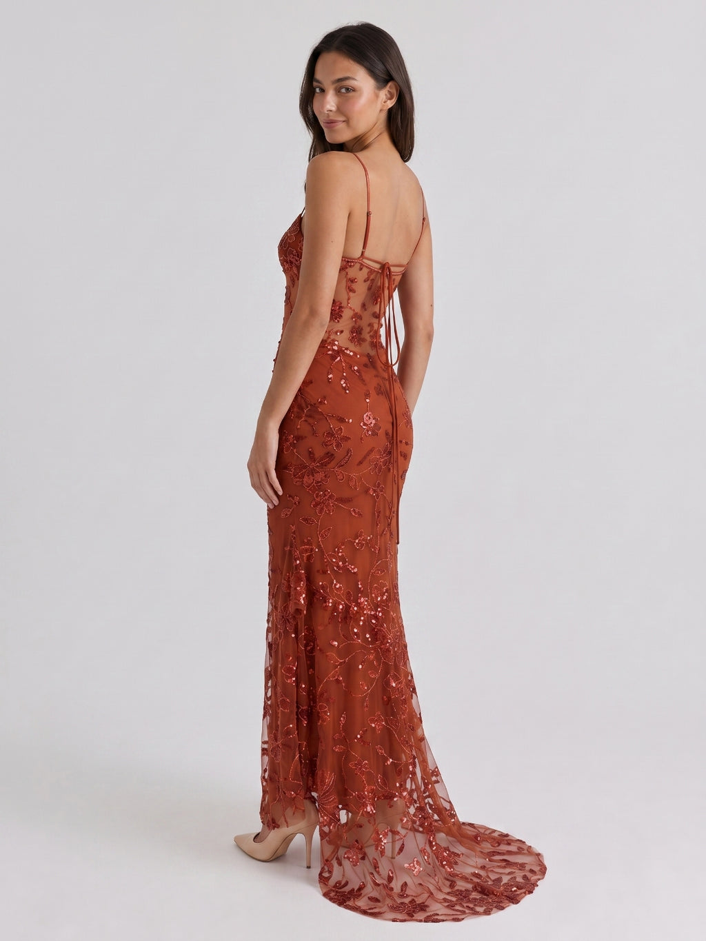 Rust Tulle Sheath V-Neck Backless Floor-Length Sequin Evening Gown