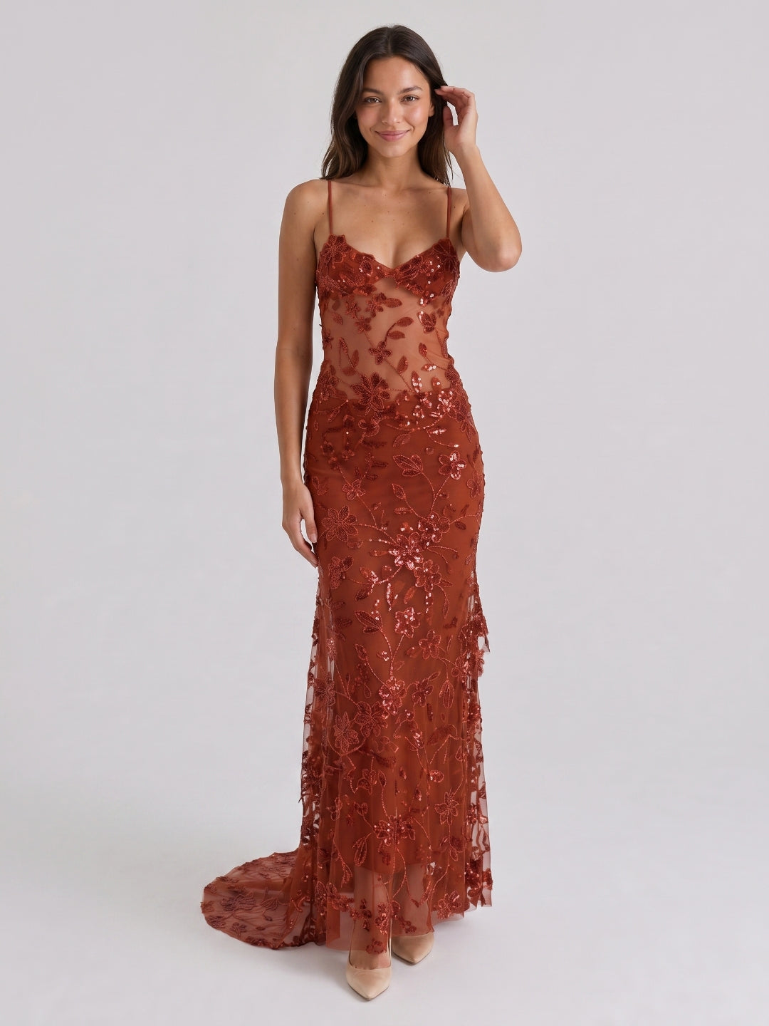 Rust Tulle Sheath V-Neck Backless Floor-Length Sequin Evening Gown