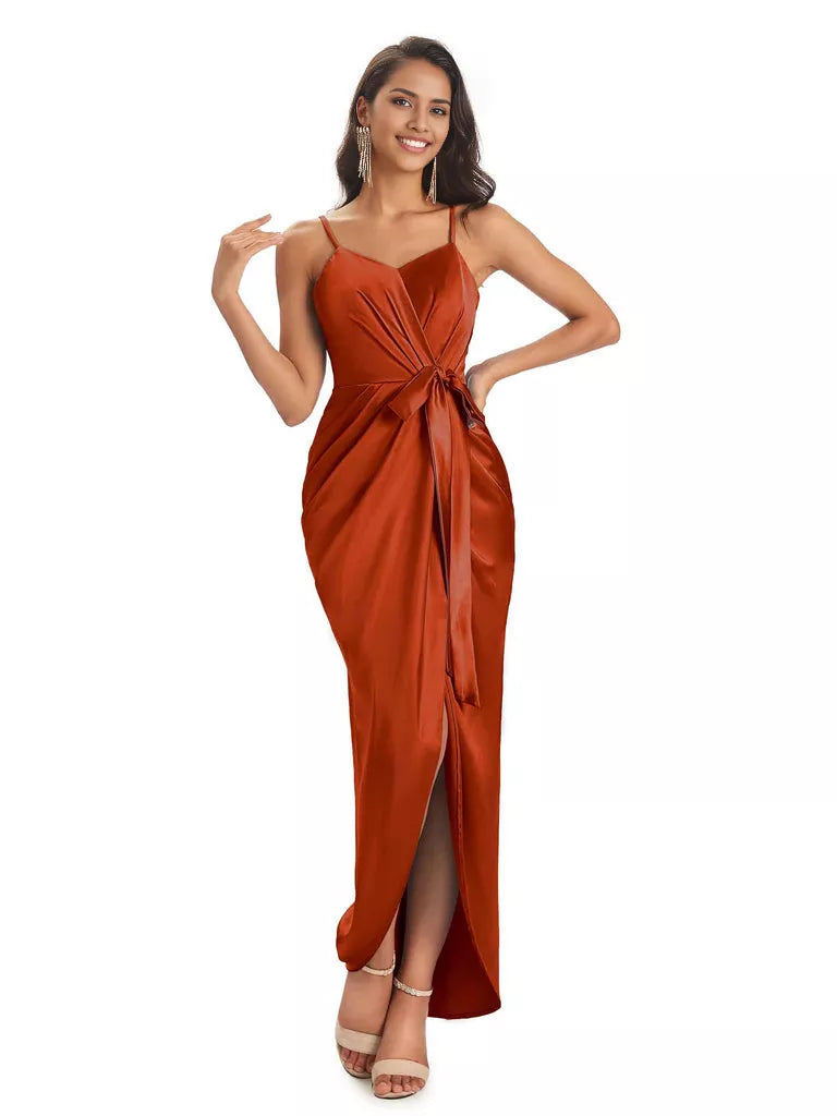 High Low Spaghetti Straps V-neck Mermaid Asymmetrical Soft Satin Bridesmaid Dresses