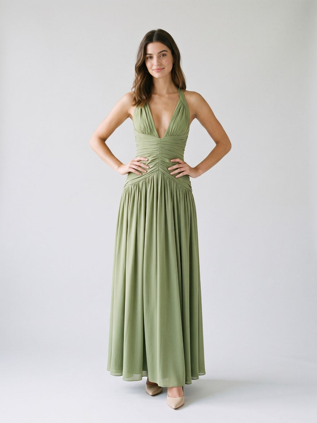 Sage Green Chiffon A-Line V-Neck Corset Back Floor-Length Formal Dress with Pleating