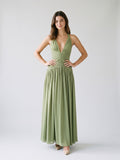 Sage Green Chiffon A-Line V-Neck Corset Back Floor-Length Formal Dress with Pleating