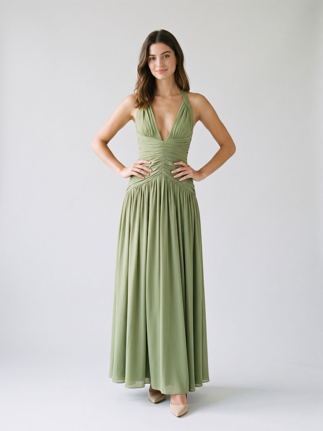 Sage Green Chiffon A-Line V-Neck Corset Back Floor-Length Formal Dress with Pleating