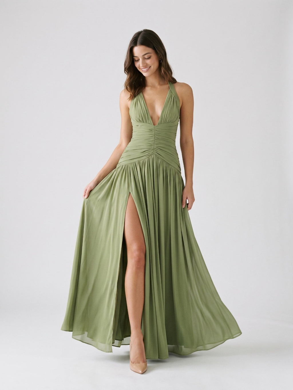 Sage Green Chiffon A-Line V-Neck Corset Back Floor-Length Formal Dress with Pleating
