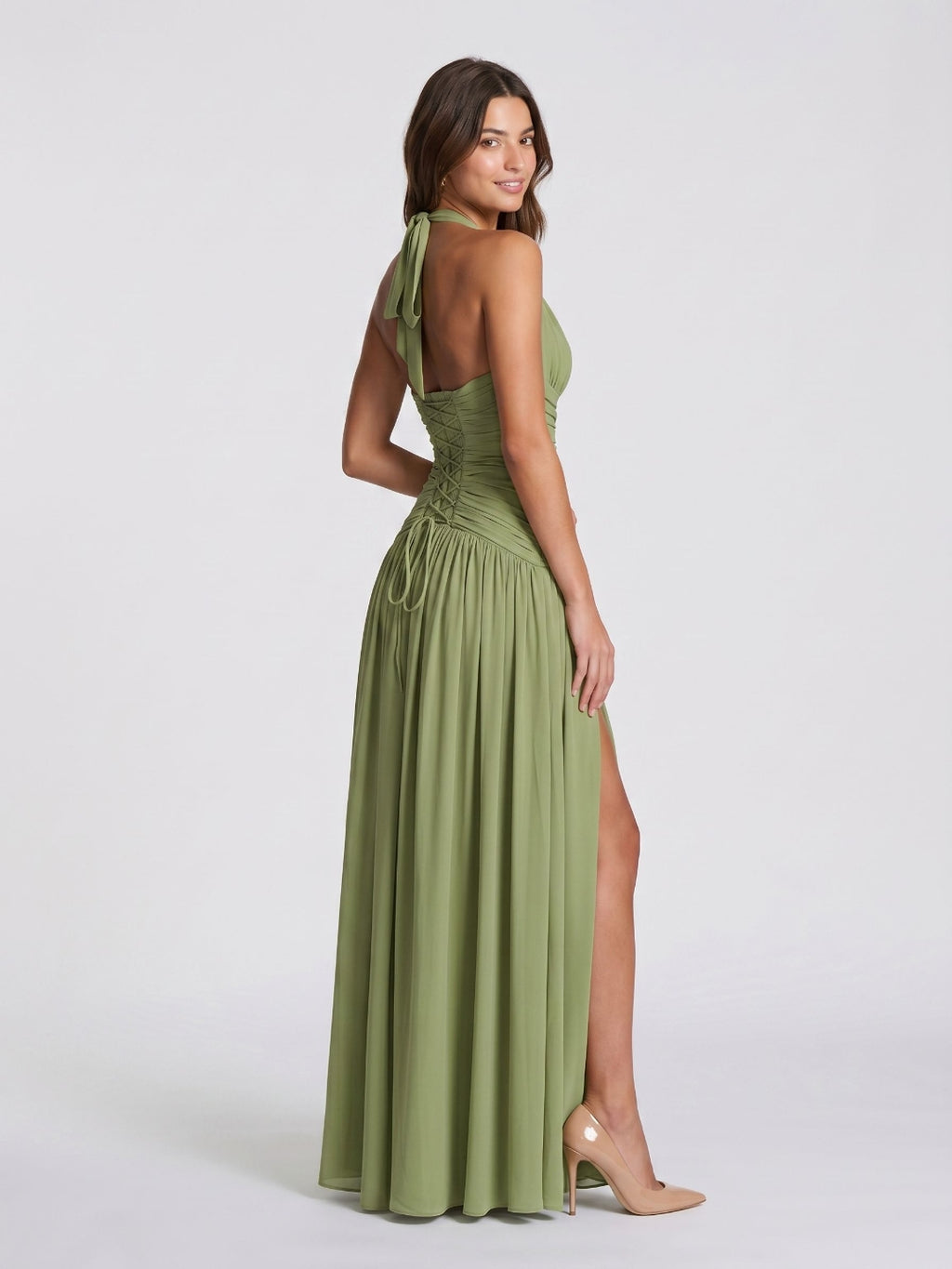 Sage Green Chiffon A-Line V-Neck Corset Back Floor-Length Formal Dress with Pleating