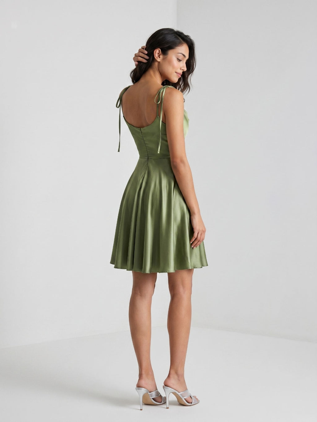 Sage Green Satin A-Line Cowl Neck Back Zip Short Homecoming Dress with Pleating