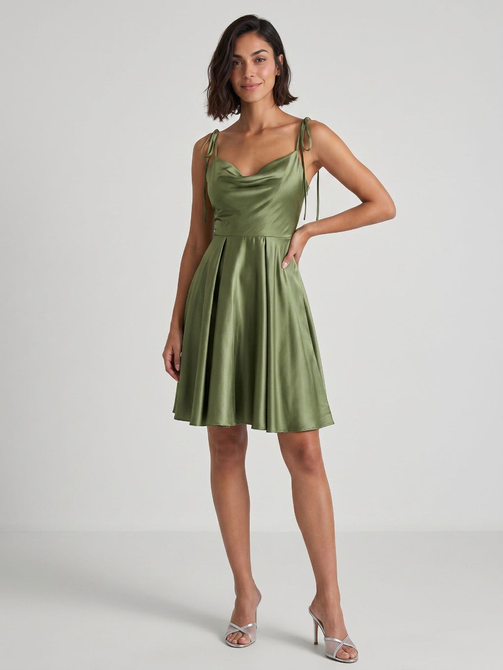 Sage Green Satin A-Line Cowl Neck Back Zip Short Homecoming Dress with Pleating