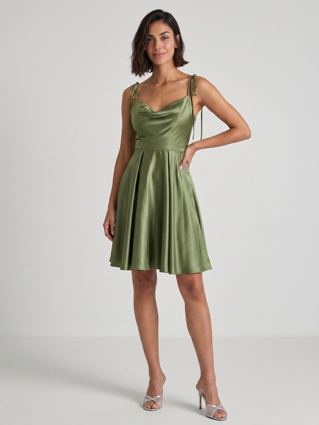 Sage Green Satin A-Line Cowl Neck Back Zip Short Homecoming Dress with Pleating