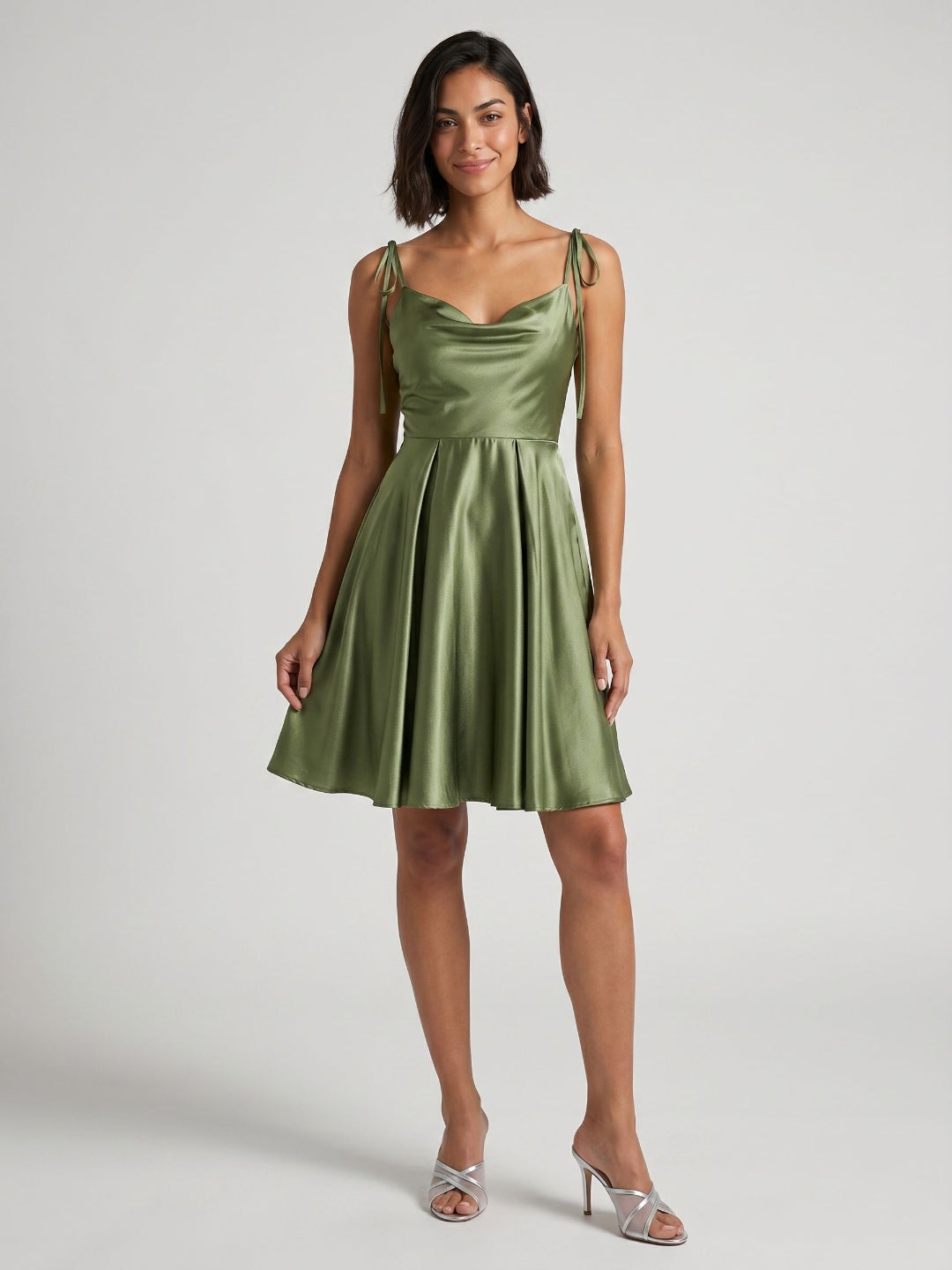 Sage Green Satin A-Line Cowl Neck Back Zip Short Homecoming Dress with Pleating