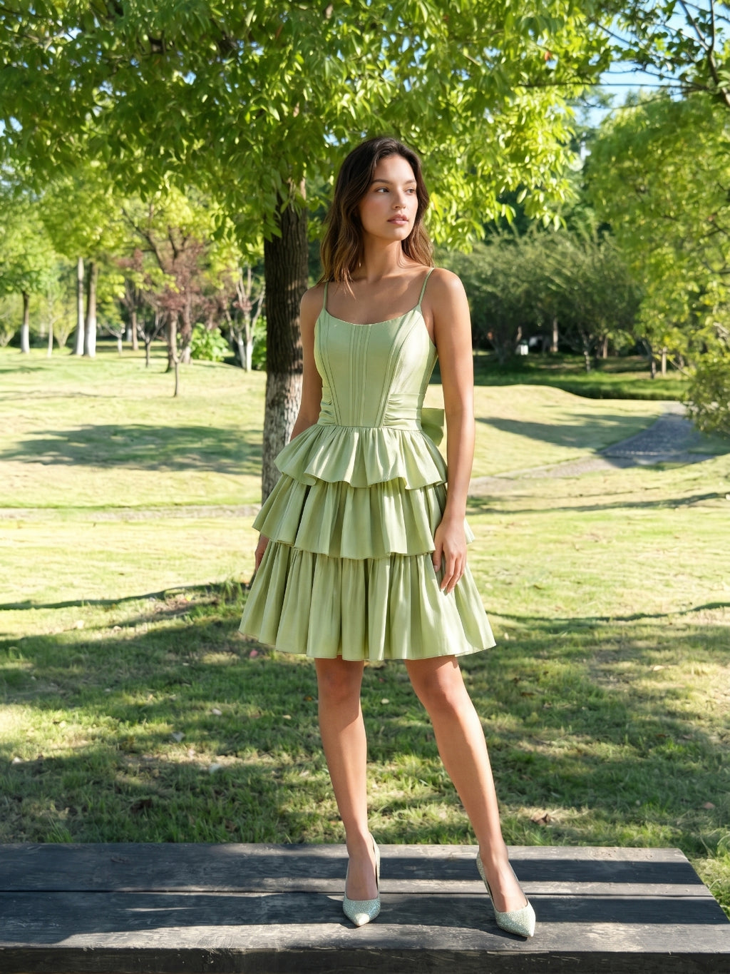 Sage Green Satin A-Line Scoop Neck Backless Short Homecoming Dress with Bow