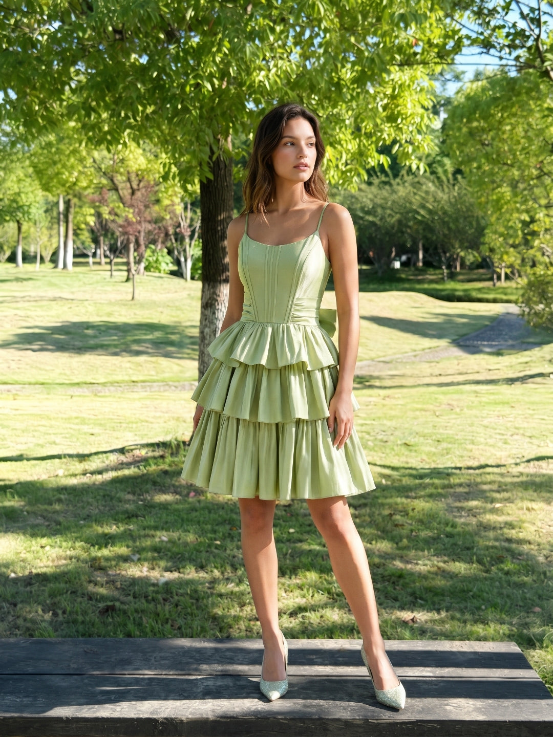 Sage Green Satin A-Line Scoop Neck Backless Short Homecoming Dress with Bow