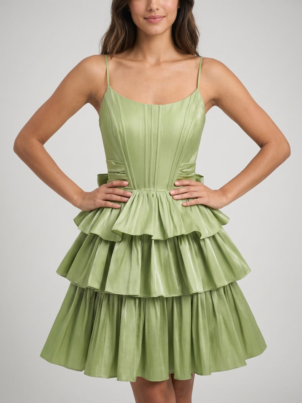Sage Green Satin A-Line Scoop Neck Backless Short Homecoming Dress with Bow