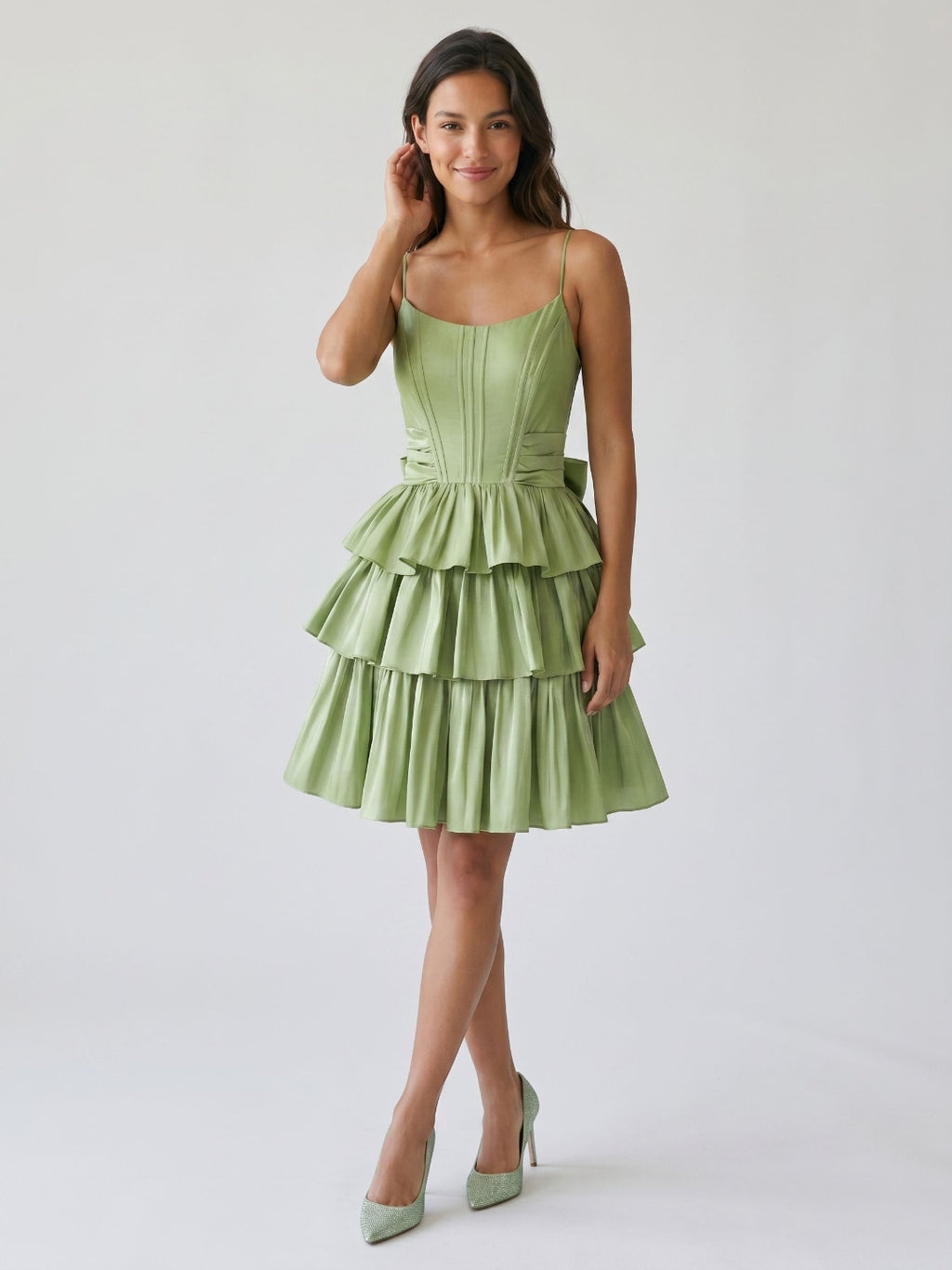 Sage Green Satin A-Line Scoop Neck Backless Short Homecoming Dress with Bow