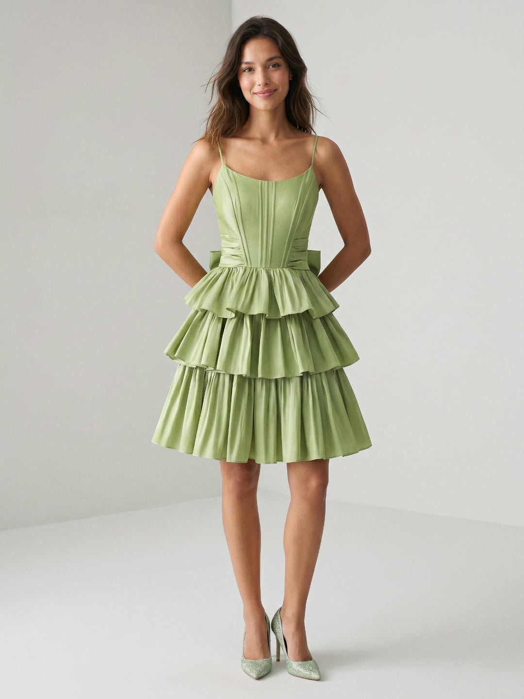 Sage Green Satin A-Line Scoop Neck Backless Short Homecoming Dress with Bow