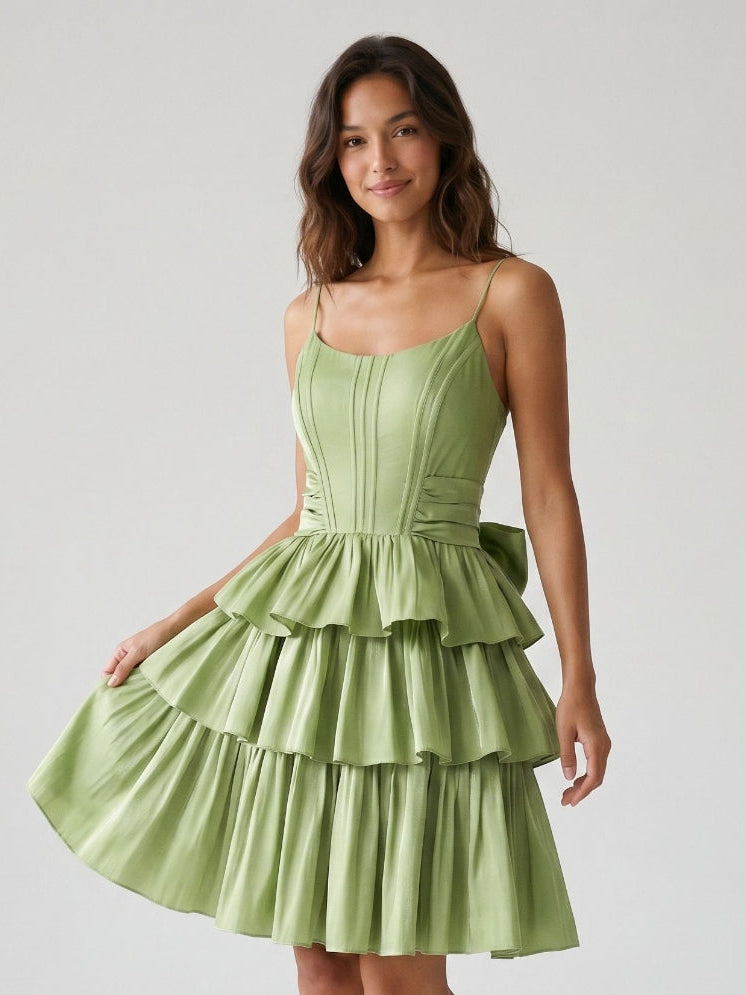 Sage Green Satin A-Line Scoop Neck Backless Short Homecoming Dress with Bow