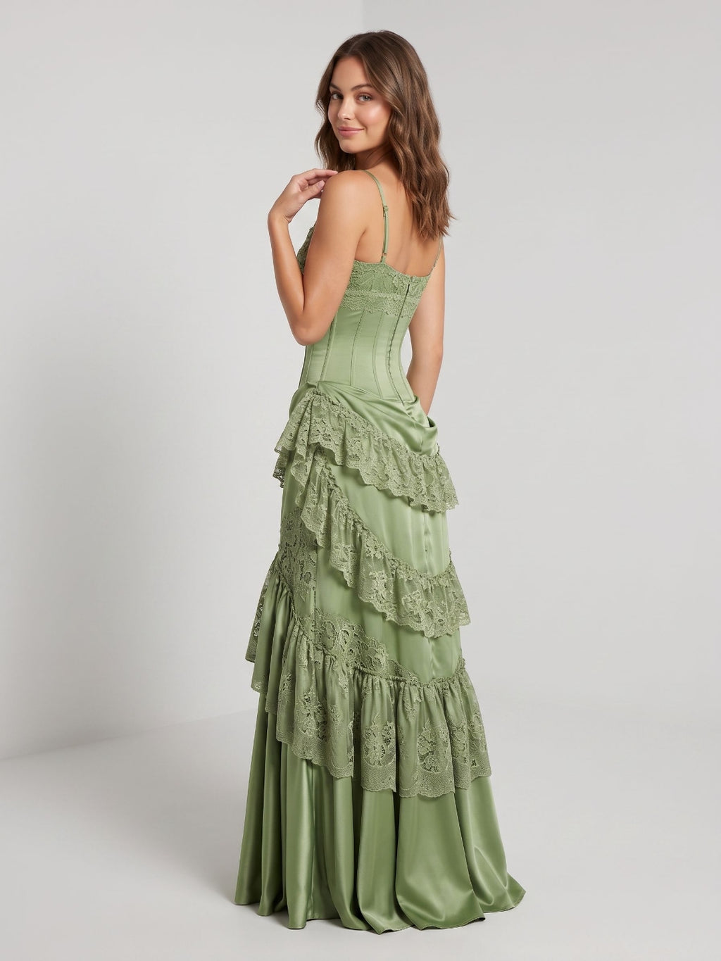 Sage Green Satin and Lace Mermaid Sweetheart Zipper Back Floor Length Dress