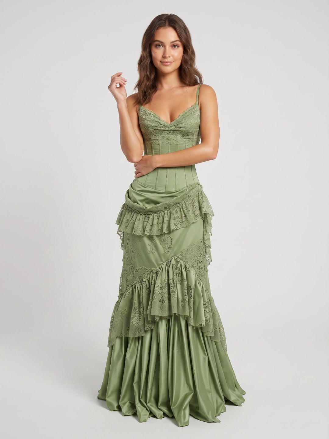 Sage Green Satin and Lace Mermaid Sweetheart Zipper Back Floor Length Dress